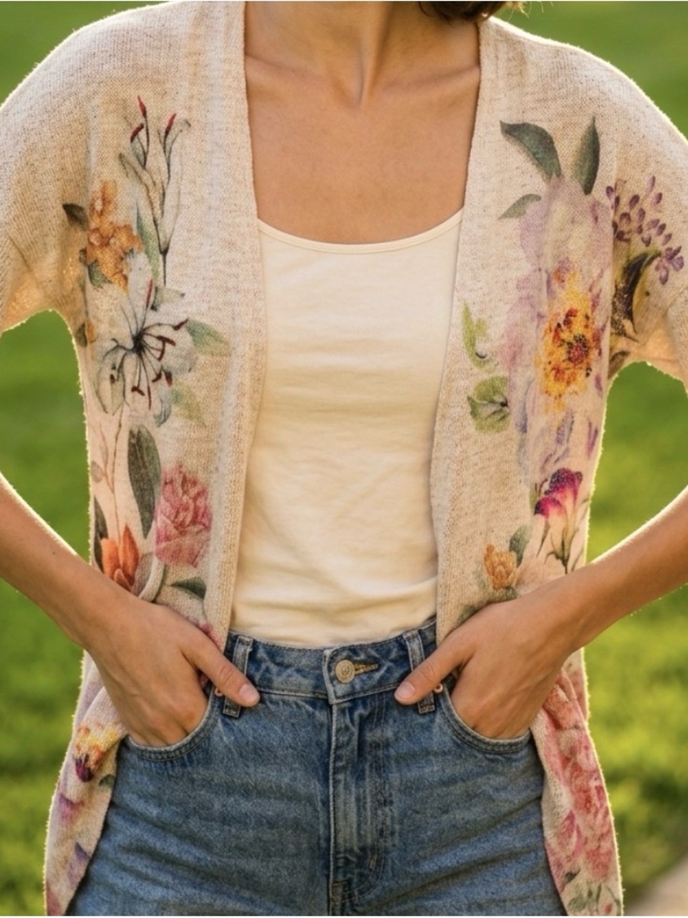 Floral Cream Open-Front Cardigan Sweater